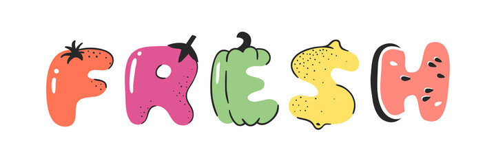 Cartoon vector illustration vegetables and fruits and word FRESH. Hand drawn drawing vegetarian food. Actual Creative Vegan art work