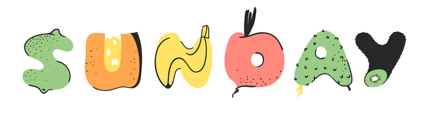 Cartoon vector illustration vegetables and fruits and word SUNDAY. Hand drawn drawing vegetarian food. Actual Creative Vegan art work