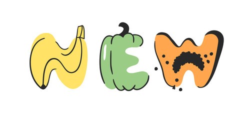 Cartoon vector illustration vegetables and fruits and word NEW. Hand drawn drawing vegetarian food. Actual Creative Vegan art work