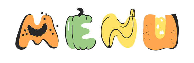 Cartoon vector illustration vegetables and fruits and word MENU. Hand drawn drawing vegetarian food. Actual Creative Vegan art work