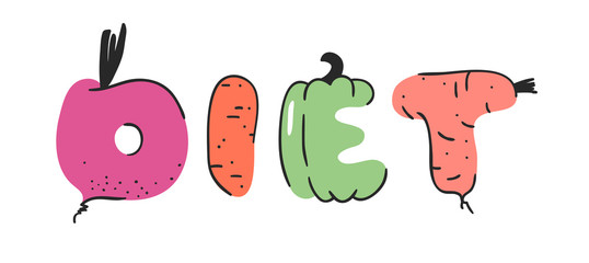 Cartoon vector illustration vegetables and fruits and word DIET. Hand drawn drawing vegetarian food. Actual Creative Vegan art work