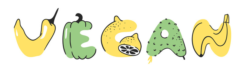 Cartoon vector illustration vegetables and fruits and word VEGAN. Hand drawn drawing vegetarian food. Actual Creative Vegan art work