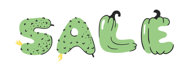 Cartoon vector illustration vegetables and fruits and word SALE. Hand drawn drawing vegetarian food. Actual Creative Vegan art work