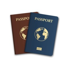 Two realistic international passports ID. Passport for identification person. Red and blue document with globe for journey and vacation. Travelling concept.