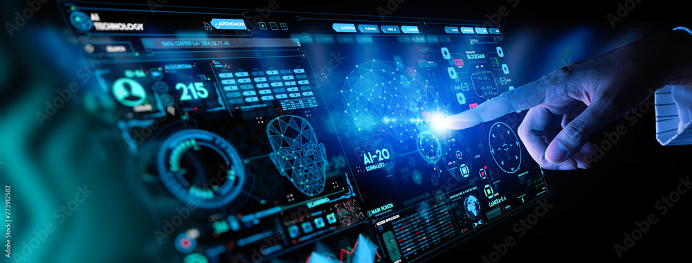 Poster business hand working with cryptocurrency and ai conputer interface.
