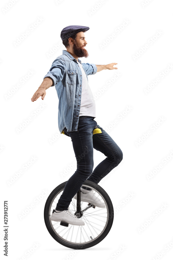 Sticker young man on a unicycle balancing with hands