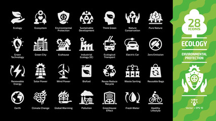 Ecology icon set on a black background with think green, ecological city, eco technology, renewable energy, environment protection, sustainable development, nature conservation and fresh water signs.