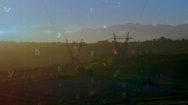 Cyber security words and a field during sunset