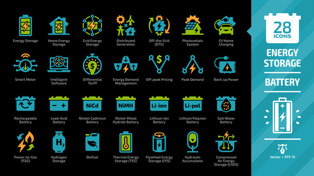 Energy Storage Color Icon Set On A Black Background With Distributed Generation, Solar Panel System, Off The Grid, EV Home Charging, Demand Management, Rechargeable Battery And More Glyph Symbols.