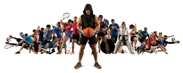 Sport collage. Tennis, soccer, taekwondo, fitness, bodybuilding, fighter and basketball players