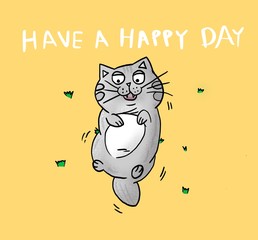Happy day with fat cat laying down illustration
