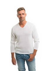 Menswear and fashionable clothing. Man calm face posing confidently white background. Man looks handsome in casual shirt. Guy with bristle wear casual outfit. Fashion concept. Man model clothes shop