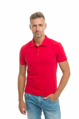 Fashion concept. Man model clothes shop. Menswear and fashionable clothing. Man calm face posing confidently white background. Man looks handsome in casual shirt. Guy with bristle wear casual outfit