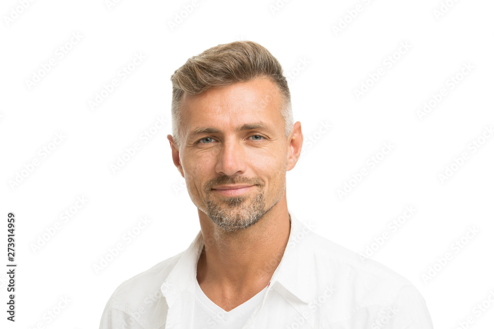 Wall mural Deal with gray roots. Man attractive well groomed facial hair. Barber shop concept. Barber and hairdresser. Man mature good looking model. Silver hair shampoo. Anti ageing. Grizzle hair suits him