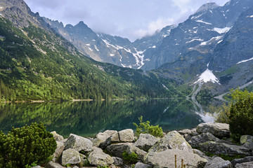Boulders on the shore of Lake Morskie Oko in the Tatra Mountains in Poland...
