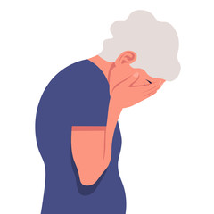 Elderly woman in despair. Grandma is crying. Portrait in profile. Depression and stress. Vector illustration in flat style