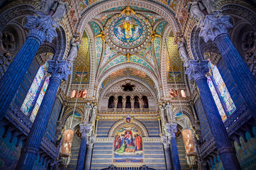 Fototapeta na wymiar LYON, FRANCE - JUNE 13, 2019 : The Basilica Notre Dame de Fourviere, built between 1872 and 1884, located in Lyon, France.