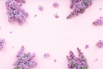 Lilac flowers on pink background, flat lay, top view
