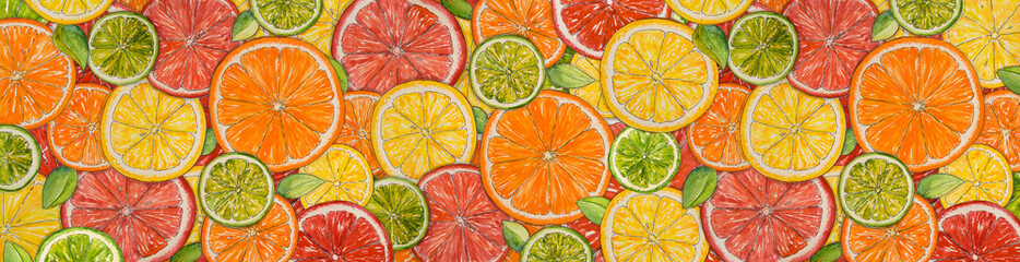 Watercolor citrus background. Paint  texture. Hand drawn oranges, lemons, limes, mandarins, grapefruits. Web banner. Bright watercolor stains      - obrazy, fototapety, plakaty