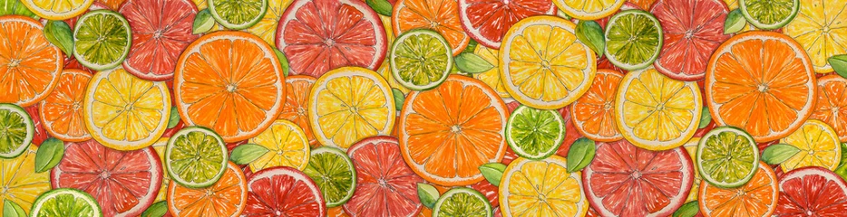 Foto op Plexiglas Watercolor citrus background. Paint  texture. Hand drawn oranges, lemons, limes, mandarins, grapefruits. Web banner. Bright watercolor stains      © alena.art.design