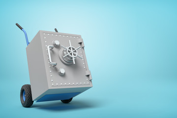 3d rendering of big light-grey metal safe on blue hand truck on light-blue background with copy space. - obrazy, fototapety, plakaty