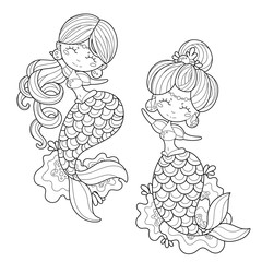 Two cute little mermaids waving their hands in a friendly way. Page for coloring book, greeting card, print and poster. Hand-drawn vector illustration.