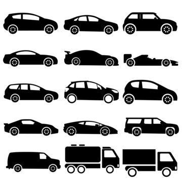 Car icon side view set, black silhouette. Road vehicle with four wheels, business transportation and automobile sport. Vector different cars illustration