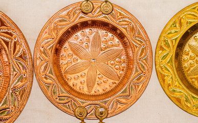 Plate, Hand-designed copper utensils for working in the kitchen, dishes, pots, pans and cauldrons