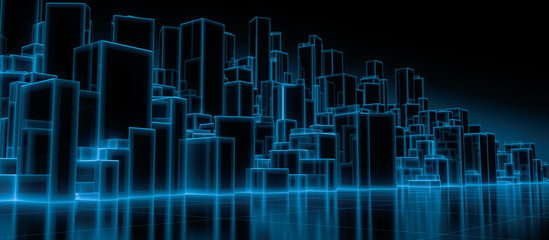 Obraz premium Abstract futuristic blocks city with wire frame in blue shade on mirror floor. Digital future architecture technology background concept. 3D render.