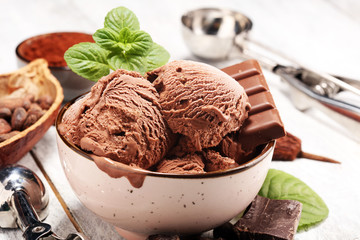 Chocolate coffee ice cream ball in a bowl. ice cream scoop