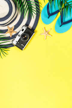 Summer travel concept flat lay image.
