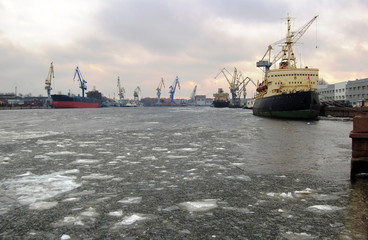 Icebreaker ship near the city,