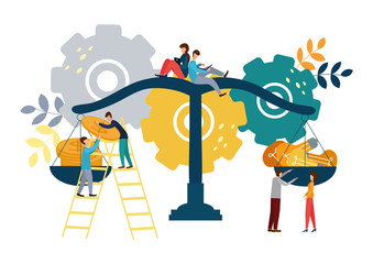 Vector illustration. People spreading money and ideas on scales, business concept.