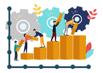 Team metaphor. Little people connecting the elements of the columns. Vector flat style illustration. Symbol of teamwork, cooperation