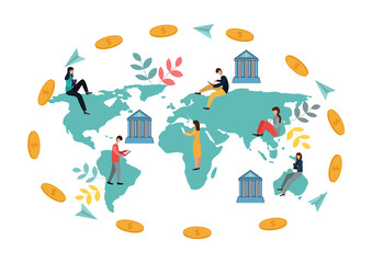 Vector illustration of financial transactions, money transfer. Electronic Wallets. Illustration in flat style