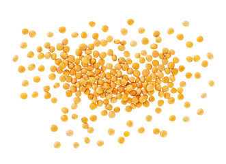 Pile of dry aromatic yellow mustard seeds isolated on white background, top view.