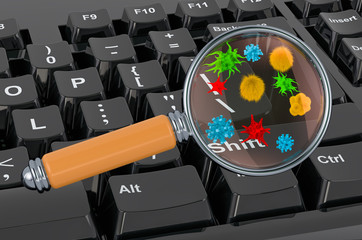 Computer keyboard with germs and bacterias under magnifying glass. 3D rendering