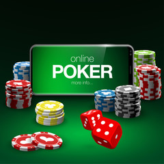 illustration Online Poker casino banner with a mobile phone, chips, playing cards and dice. Marketing Luxury Banner Jackpot Online Casino with New model Smartphone. Empty advertising poster.