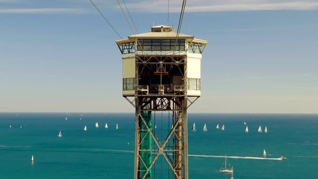 Cable car to Montjuic mountain. City view of Barcelona. Spain. Europe. 4K