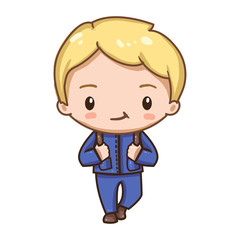 Vector illustration of cute chibi character isolated on white background. Cartoon little school boy in blue formal suits.   