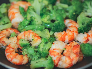 Closeup of thai, chinese traditional healthy food stir-fried broccoli with shrimps or prawns.