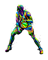 Basketball player. Abstract, multicolored hand-drawn graphics of a basketball player with watercolor splashes.