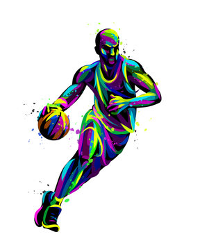  Running basketball player with the ball. Abstract, multicolored hand-drawn graphics of a basketball player with watercolor splashes.