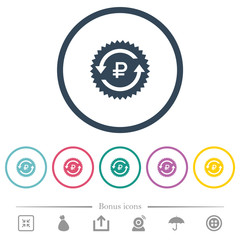 Ruble pay back guarantee sticker flat color icons in round outlines