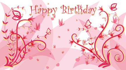Birthday card. Ornate branches, flowers and a lot of flying butterflies. Ready template congratulations. Inscription Happy Birthday. Vector illustration for your holiday.