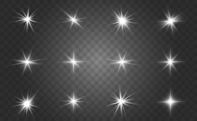 Glow isolated white light effect set, lens flare, explosion, glitter, line, sun flash and stars. Abstract special effect element design.