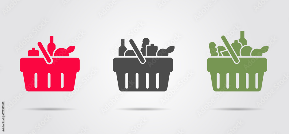 Wall mural food basket from super market, set of three pictograms filled with different goods