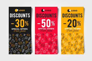 Set of Discount flayers with fast food template design with linear pattern of food and drinks