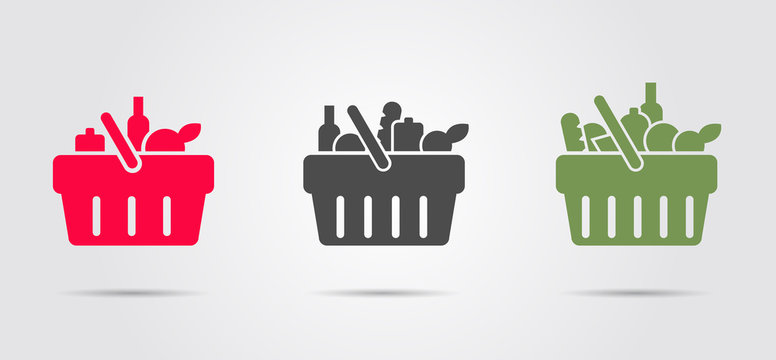 Food basket from super market, set of three pictograms filled with different goods