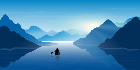 A man in a boat looks at the mountains. Mountain river. Landscape. Morning in the mountains. Tourism, sport and travelling. Vector  design